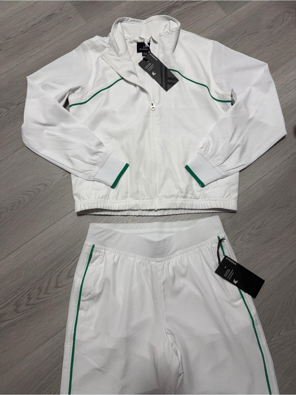 Kyodan White Track Jacket and Pants Set with Green Piping